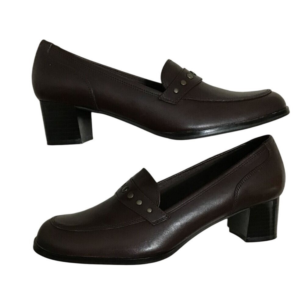 LifeStride League Brown Leather Studded Block Heel Loafers Shoes Womens 7.5 M